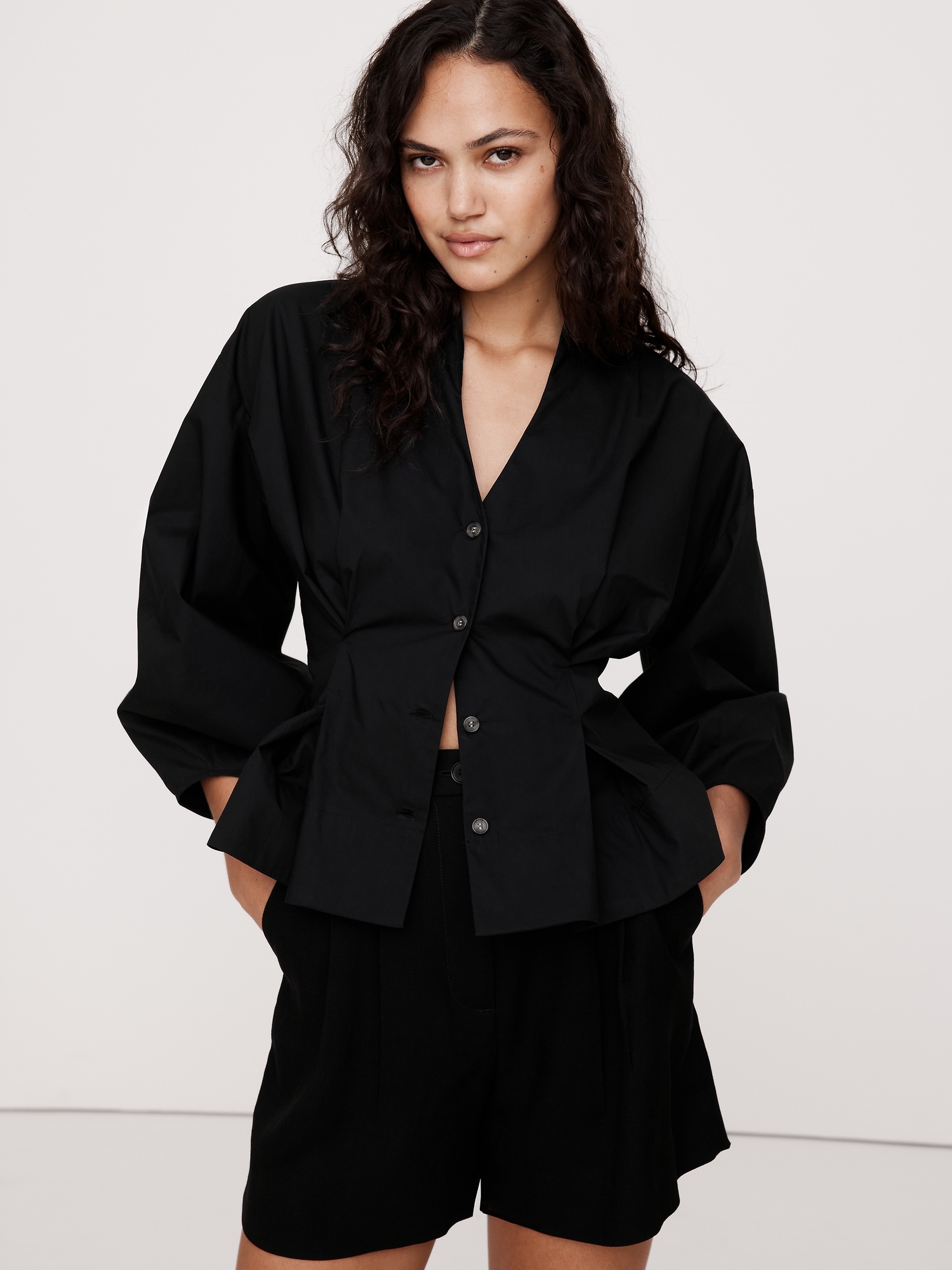 Cotton Poplin Cinched-Waist Shirt