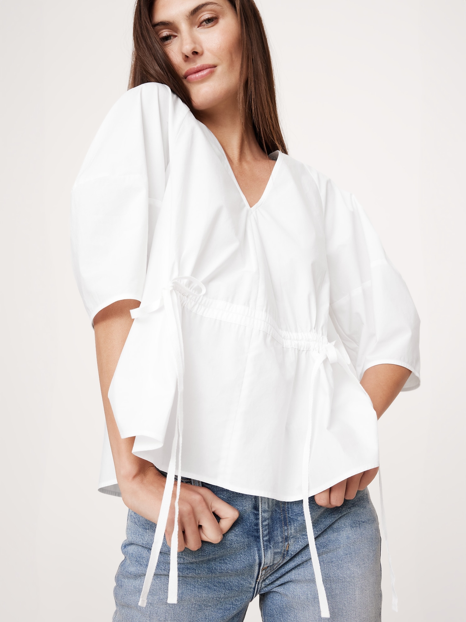 Cotton Poplin Cinch-Waist Top