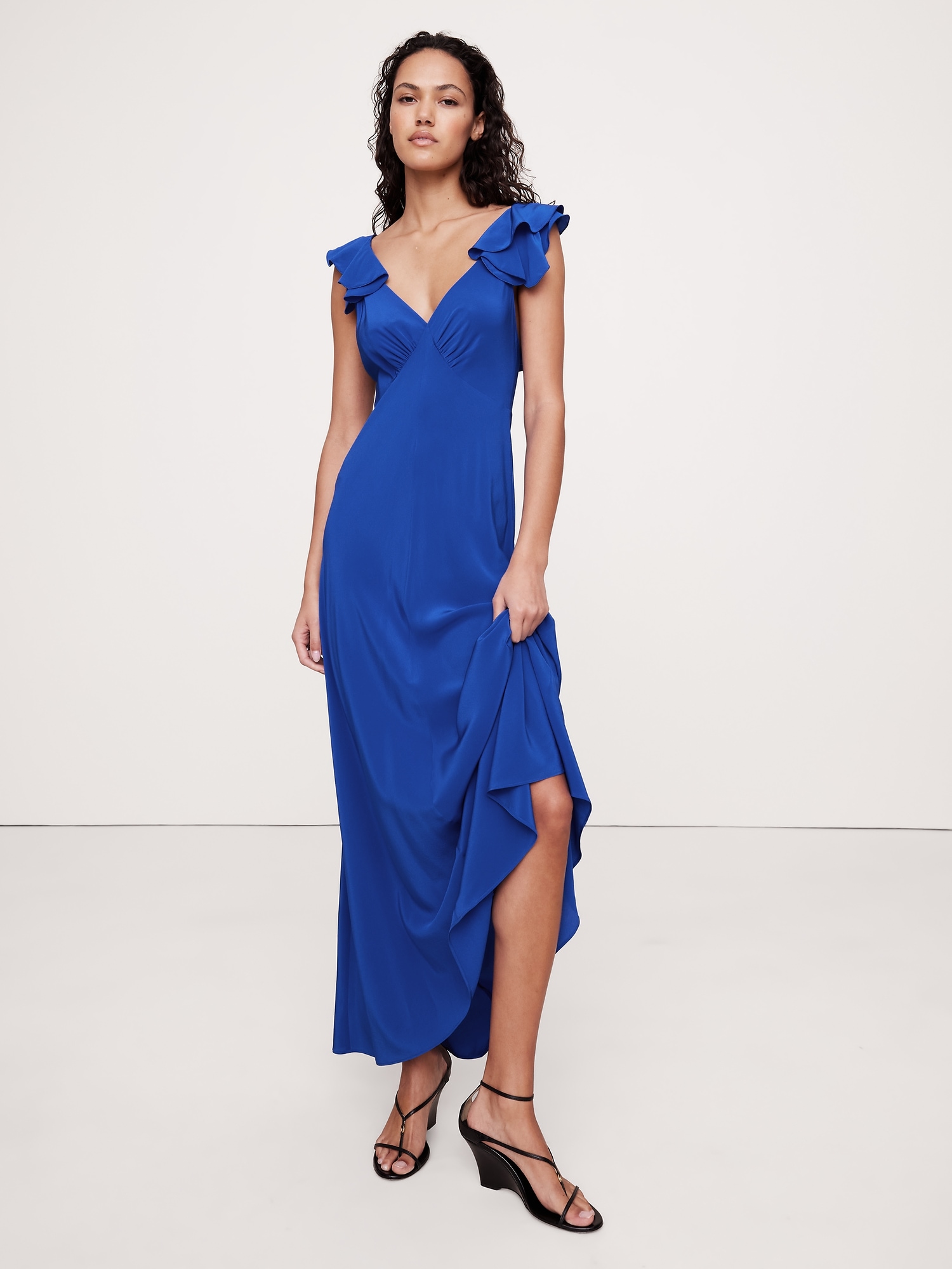 Matte Silk Open-Back Maxi Dress - Blue