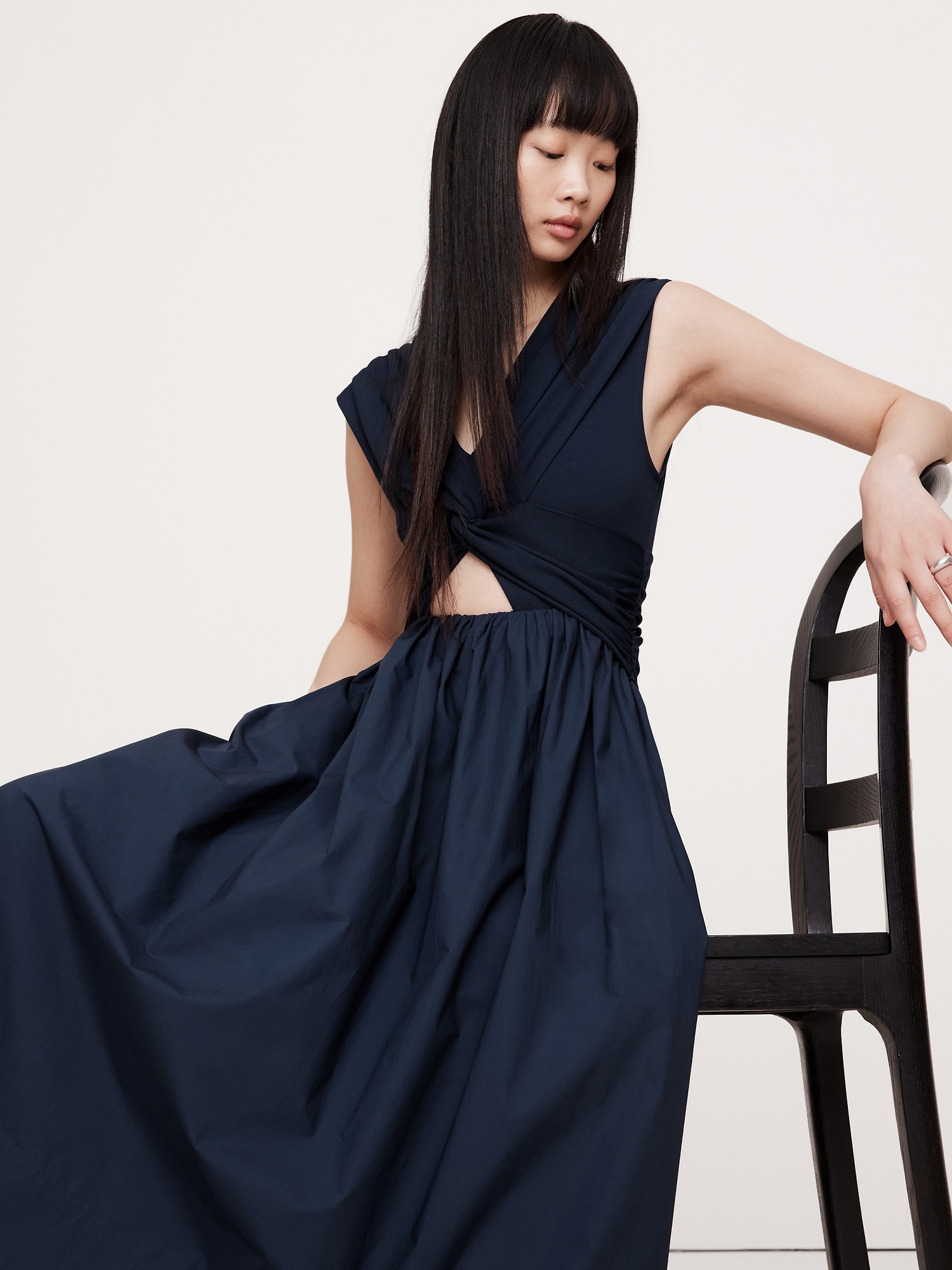 Mixed-Media Cut-Out Midi Dress