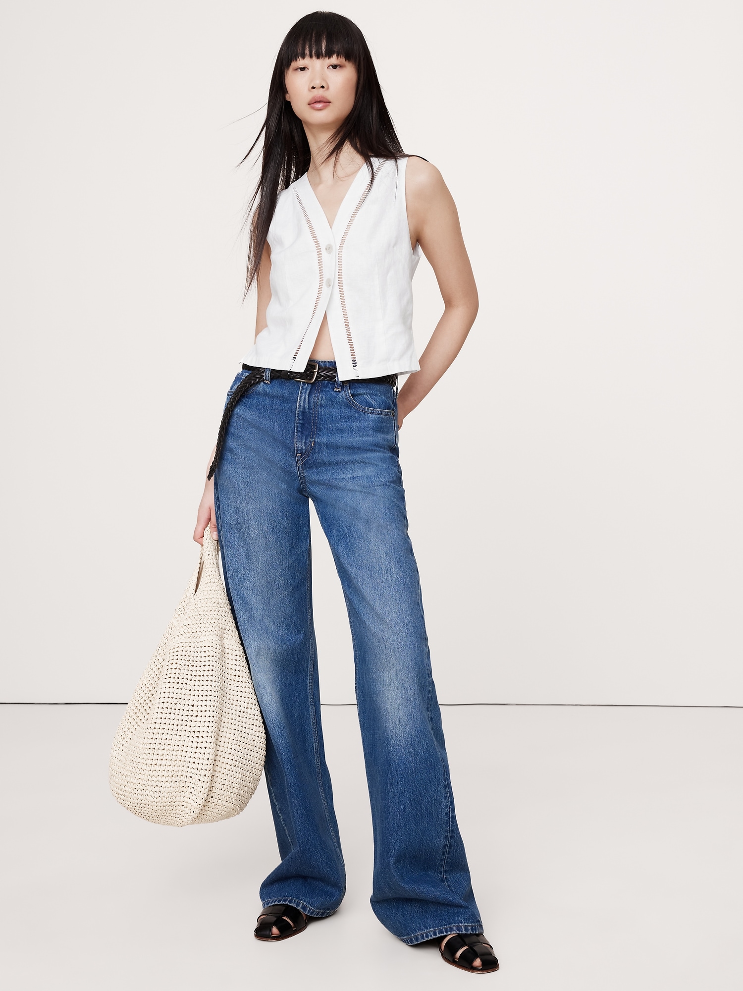 Lace-Trim Linen Vest - White