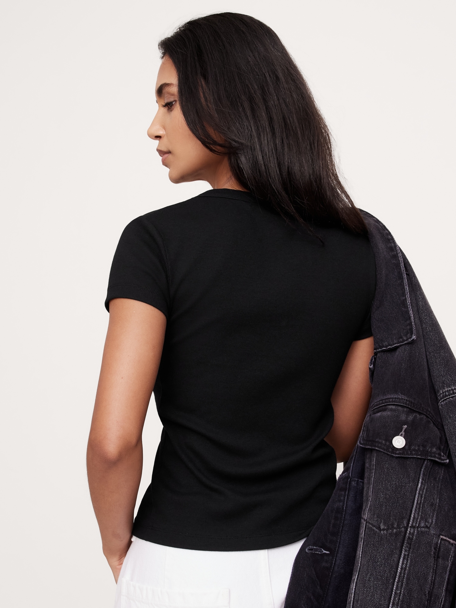 Ribbed Short-Sleeve Button-Down Top